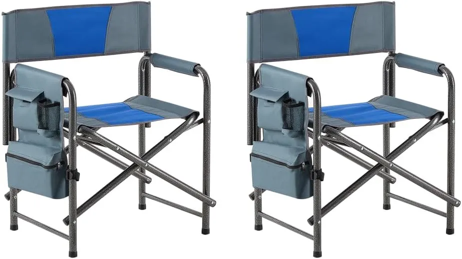 1-Piece Padded Folding Outdoor Chair with Side Table and Storage Pockets,Lightweight Oversized Directors Chair for Indoor, Outdoor Camping, (Blue Grey   Steel-1)
