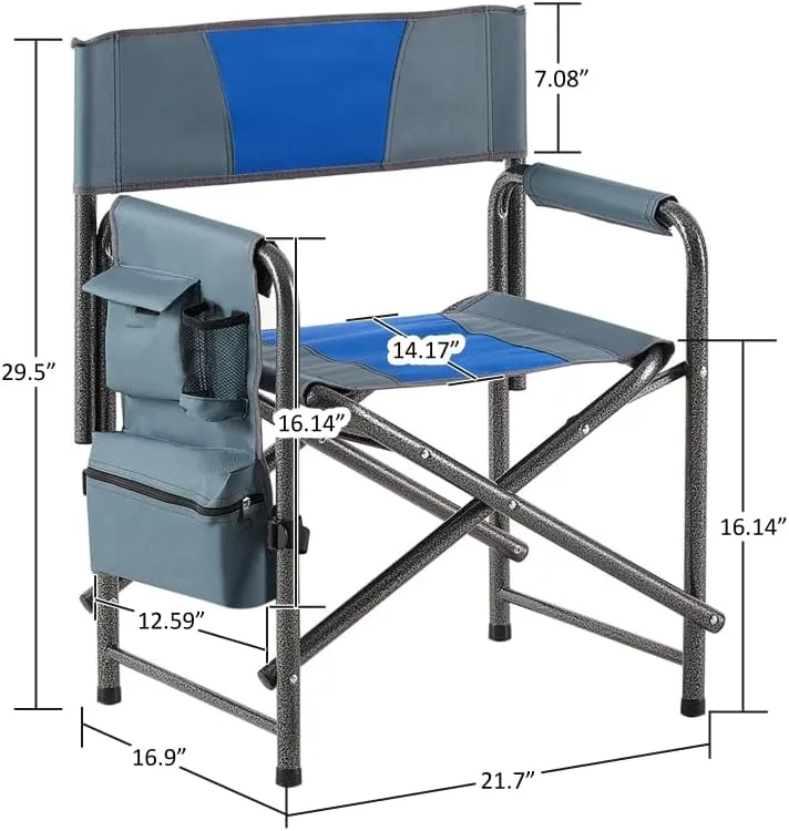 1-Piece Padded Folding Outdoor Chair with Side Table and Storage Pockets,Lightweight Oversized Directors Chair for Indoor, Outdoor Camping, (Blue Grey   Steel-1)
