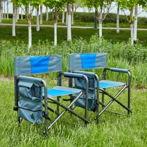 1-Piece Padded Folding Outdoor Chair with Side Table and Storage Pockets,Lightweight Oversized Directors Chair for Indoor, Outdoor Camping, (Blue Grey   Steel-1)