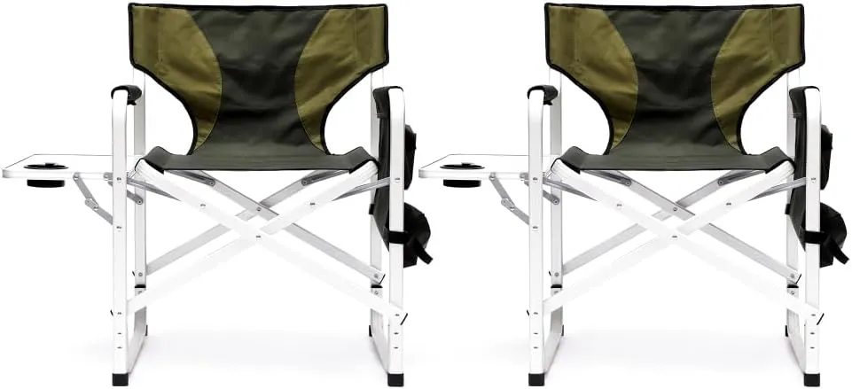 1-Piece Padded Folding Outdoor Chair with Side Table and Storage Pockets,Lightweight Oversized Directors Chair for Indoor, Outdoor Camping, (Green   Aluminum-1)