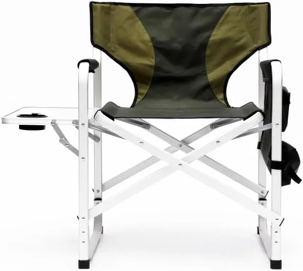 1-Piece Padded Folding Outdoor Chair with Side Table and Storage Pockets,Lightweight Oversized Directors Chair for Indoor, Outdoor Camping, (Green   Aluminum-1)