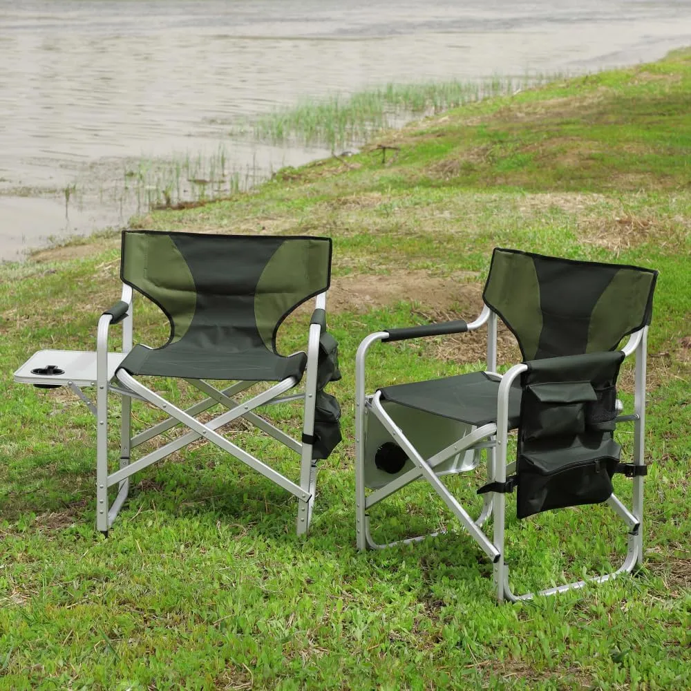 1-Piece Padded Folding Outdoor Chair with Side Table and Storage Pockets,Lightweight Oversized Directors Chair for Indoor, Outdoor Camping, (Green   Aluminum-1)