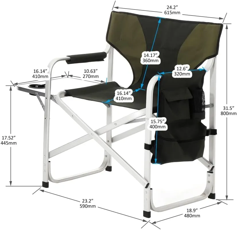 1-Piece Padded Folding Outdoor Chair with Side Table and Storage Pockets,Lightweight Oversized Directors Chair for Indoor, Outdoor Camping, (Green   Aluminum-1)
