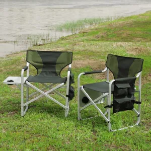 1-Piece Padded Folding Outdoor Chair with Side Table and Storage Pockets,Lightweight Oversized Directors Chair for Indoor, Outdoor Camping, (Green   Aluminum-1)