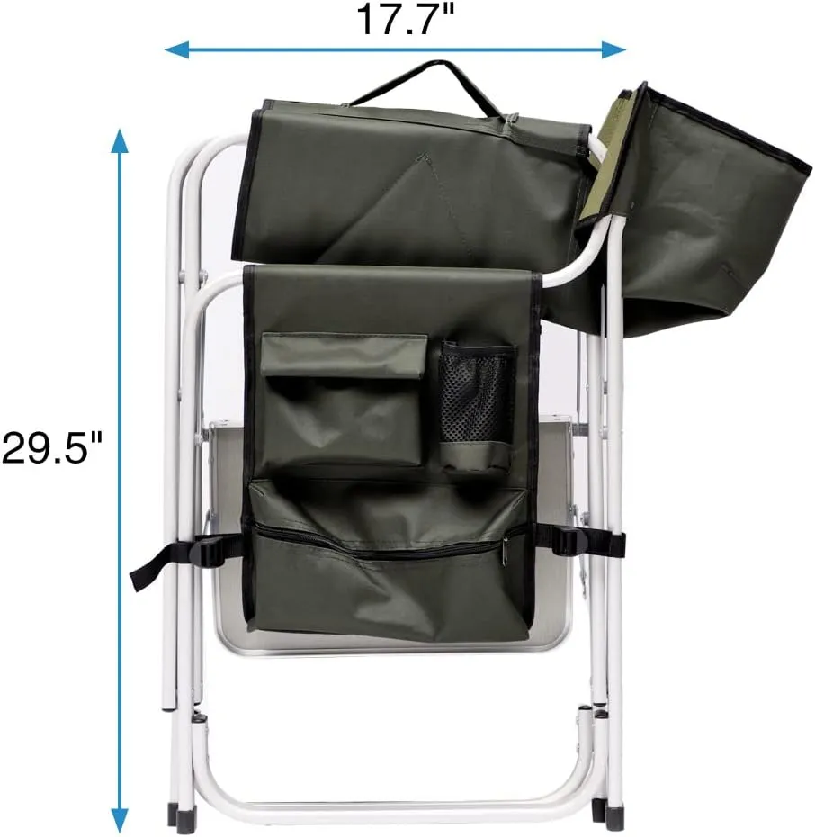 1-Piece Padded Folding Outdoor Chair with Side Table and Storage Pockets,Lightweight Oversized Directors Chair for Indoor, Outdoor Camping, (Green   Aluminum-1)