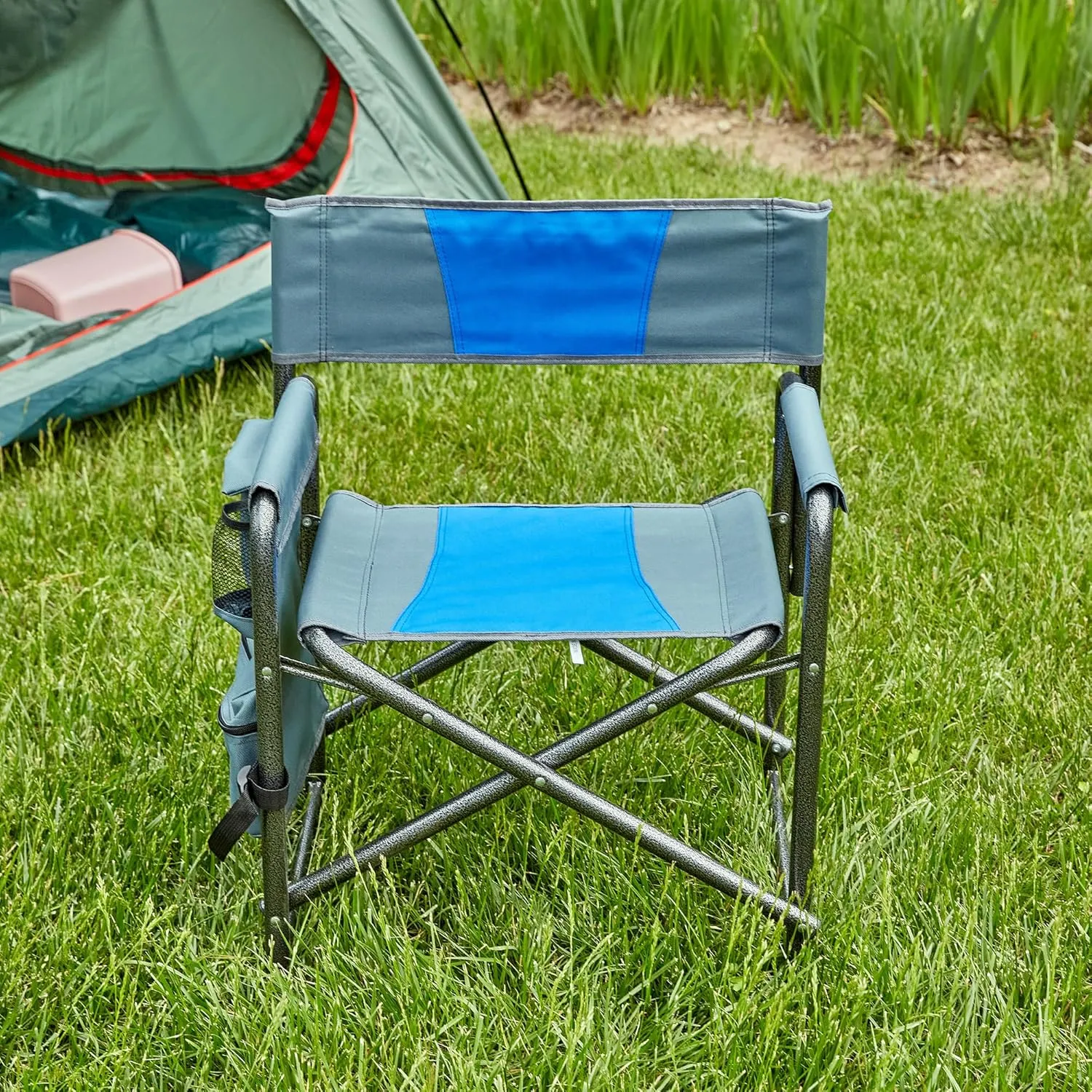 1-Piece Padded Folding Outdoor Chair with Storage Pockets, Lightweight Oversized Directors Chair for Indoor and Outdoor Activities, Blue/Grey