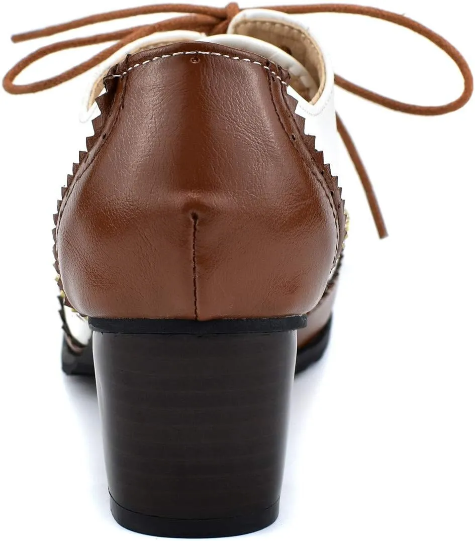 100FIXEO Women Block Heel Wingtip Oxford Shoes Vintage Chunky Heel Saddle Shoes