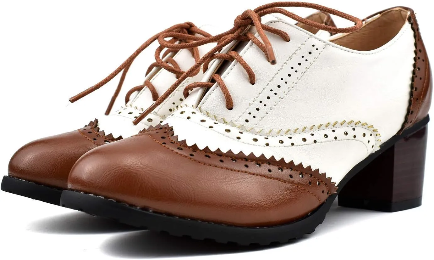 100FIXEO Women Block Heel Wingtip Oxford Shoes Vintage Chunky Heel Saddle Shoes