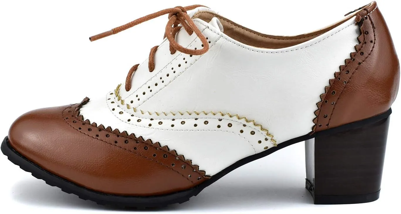100FIXEO Women Block Heel Wingtip Oxford Shoes Vintage Chunky Heel Saddle Shoes