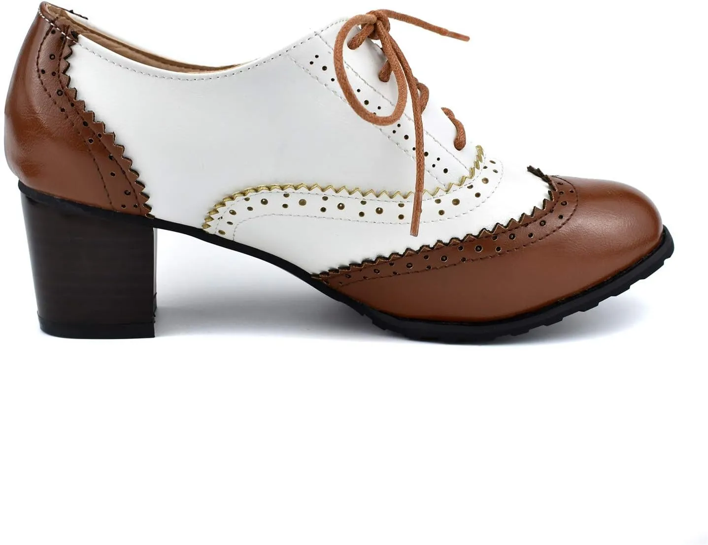 100FIXEO Women Block Heel Wingtip Oxford Shoes Vintage Chunky Heel Saddle Shoes