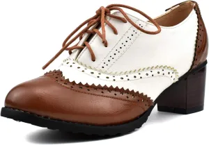 100FIXEO Women Block Heel Wingtip Oxford Shoes Vintage Chunky Heel Saddle Shoes