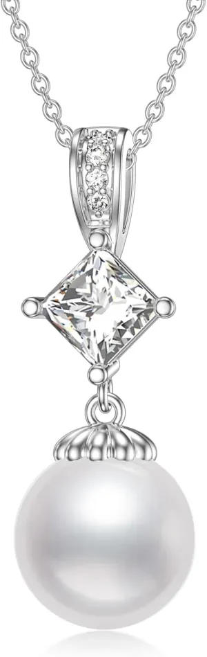 10mm Single Pearl Necklace 925 Sterling Silver Pendant,Freshwater Cultured White Genuine Pearl with Cubic Zirconia for Women