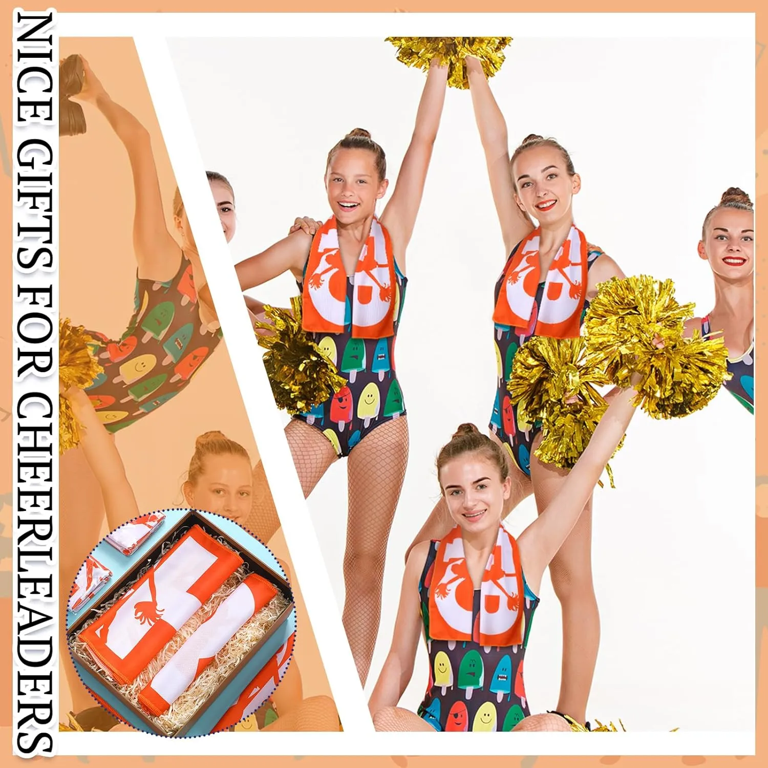 12 Pack Orange Cheer Cooling Towels with Bags - 40" x 12" Breathable Chilly Microfiber Towels for Sports Team Gift