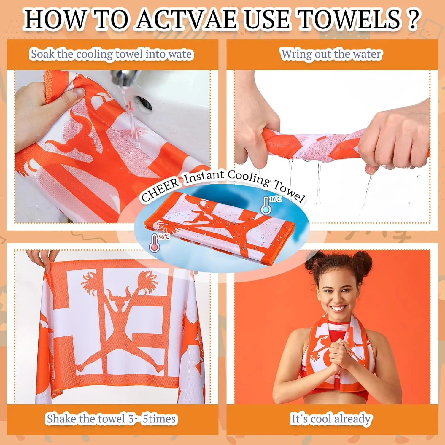 12 Pack Orange Cheer Cooling Towels with Bags - 40" x 12" Breathable Chilly Microfiber Towels for Sports Team Gift