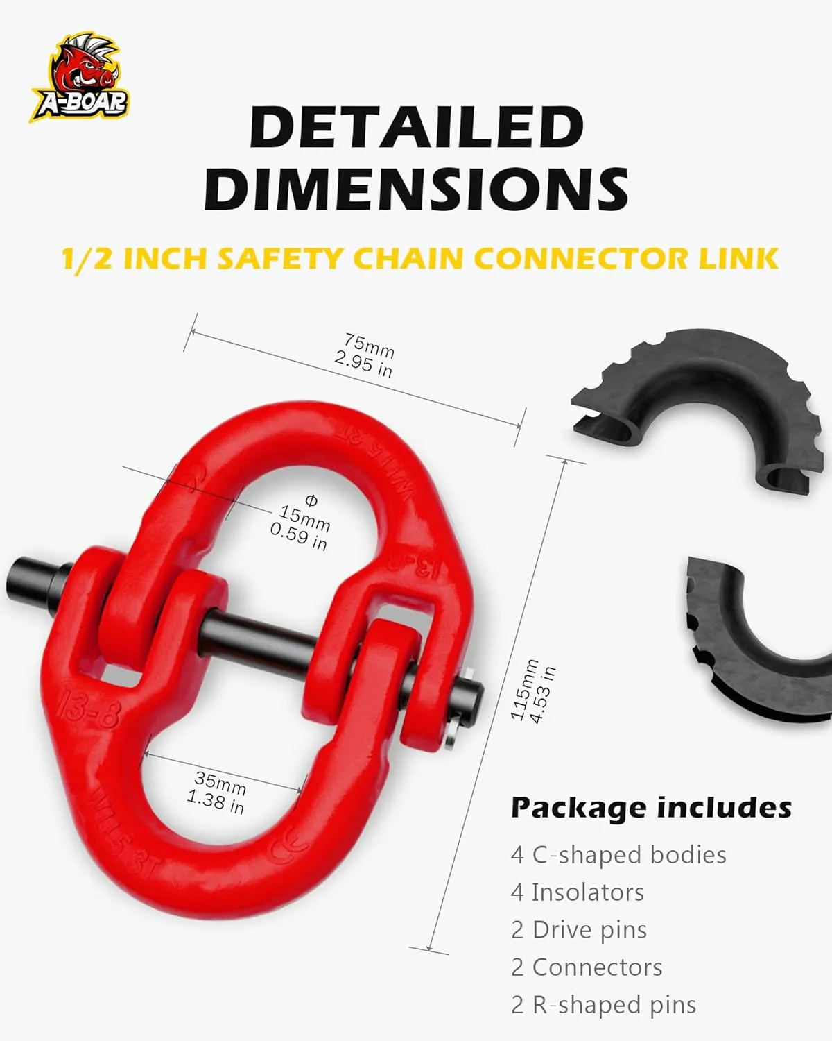 1/2 Safety Chain Connector Link, 2pack Hammerlock Coupling Link for Trailer Chains Connect, 12000lbs Load Capacity, Drop Forged Steel Tow Hitch Safety Chain Connector Link, Red