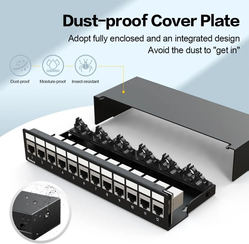 12Port Patch Panel CAT6A Keystone Patch Panel Shielded Network Patch Patch with Smart Cable Management for Home/Office Network (1U 12Port, CAT6A)