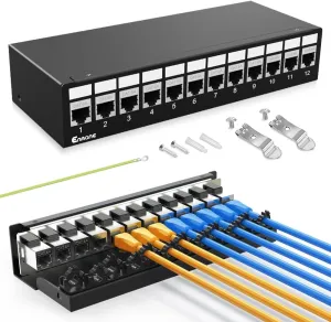12Port Patch Panel CAT6A Keystone Patch Panel Shielded Network Patch Patch with Smart Cable Management for Home/Office Network (1U 12Port, CAT6A)