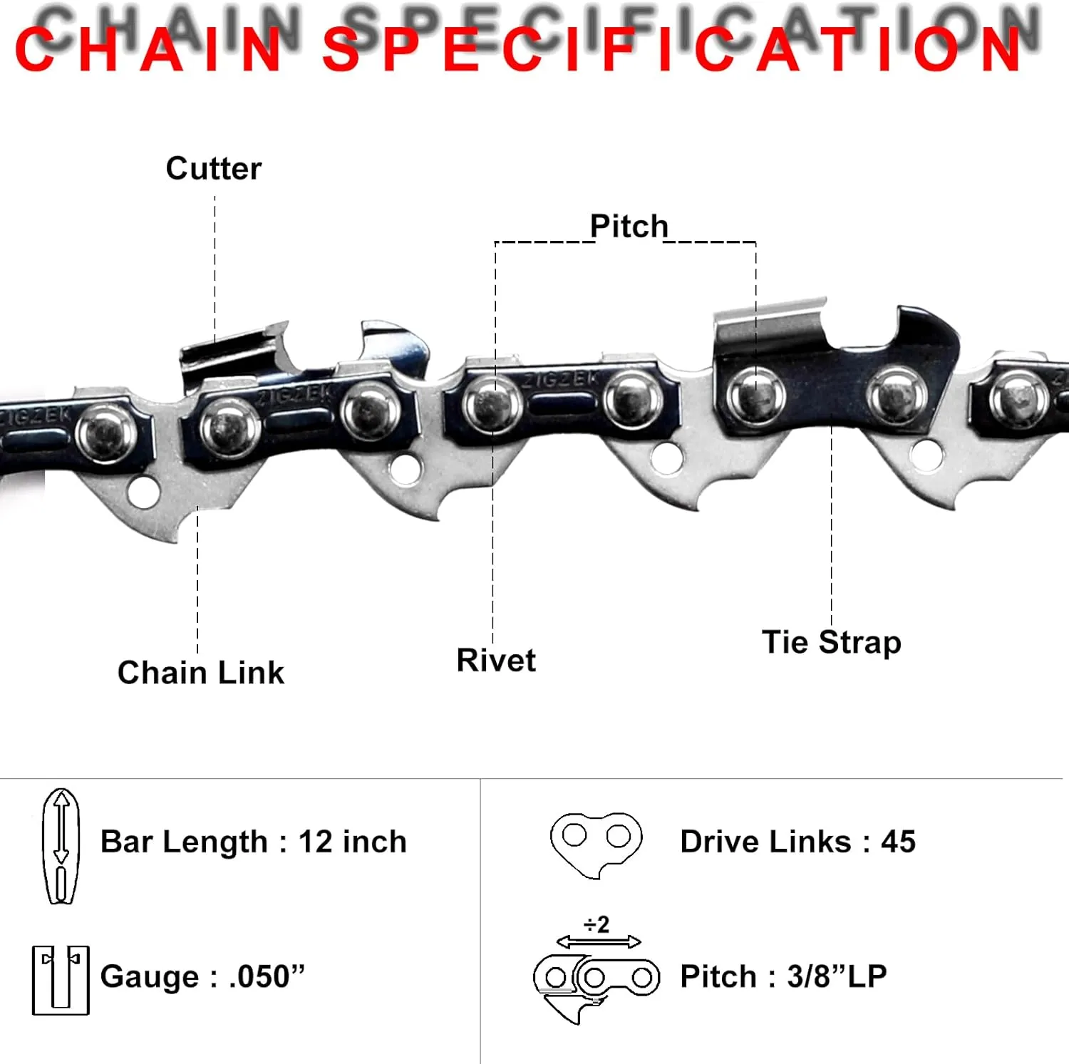 12" Chainsaw Chain 3-Pack - 45DL 3/8" Low Profile Pitch .050” Gauge Low Kickback Chainsaw Chains Compatible with Craftsman/Ryobi/Homelite/Poulan/Dewalt - Heavy Duty Saw Chain Accessories