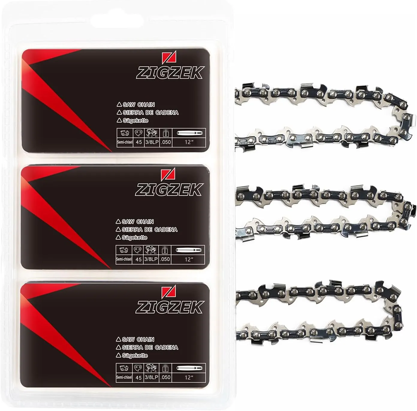 12" Chainsaw Chain 3-Pack - 45DL 3/8" Low Profile Pitch .050” Gauge Low Kickback Chainsaw Chains Compatible with Craftsman/Ryobi/Homelite/Poulan/Dewalt - Heavy Duty Saw Chain Accessories