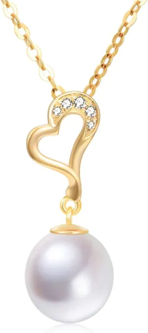 14k Gold Created Moissanite Heart and Freshwater Cultured Pearl Pendant Necklace for Women (16-18 inch Gold Chain)