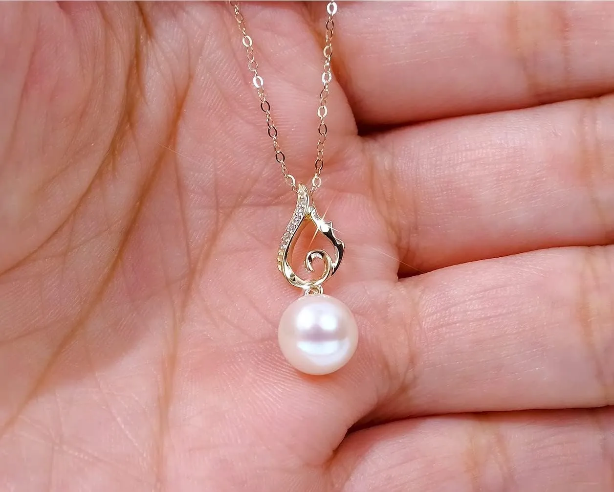 14k Gold Wing Pearl Pendant Necklace for Women, Fine Jewelry Gifts for Her, Anniversary Present for Wife/Girlfriend, 18"