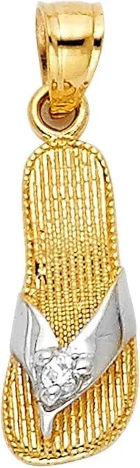 14k Two Tone Gold Cubic zirconia Sandal Pendant With Yellow Gold 0.8mm Square Wheat Chain Necklace