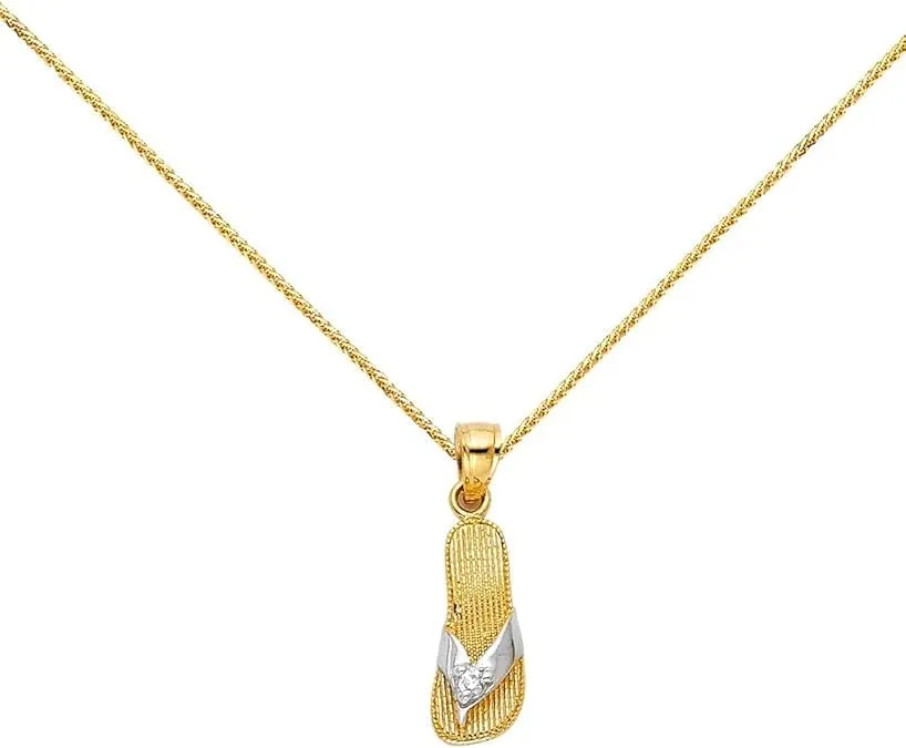 14k Two Tone Gold Cubic zirconia Sandal Pendant With Yellow Gold 0.8mm Square Wheat Chain Necklace