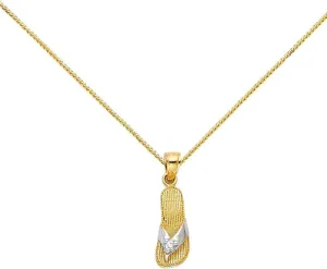 14k Two Tone Gold Cubic zirconia Sandal Pendant With Yellow Gold 0.8mm Square Wheat Chain Necklace