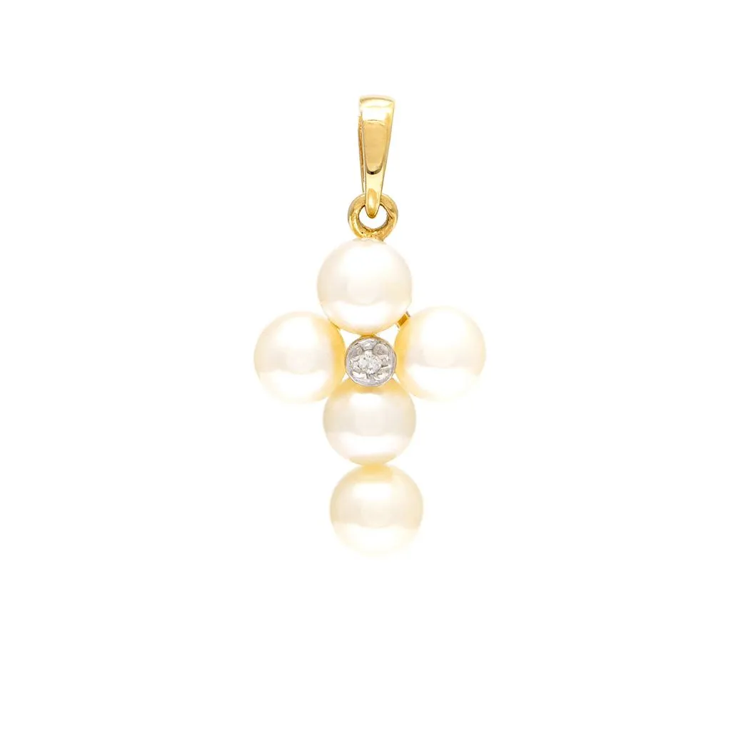 14K Yellow Gold Mini Pearl and Diamond Cross Necklace