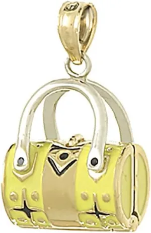 14k Yellow Gold Novelty Charm Necklace Pendant, 3-D Yellow Duffle Double Strap Handbag, with 18 Inch Chain