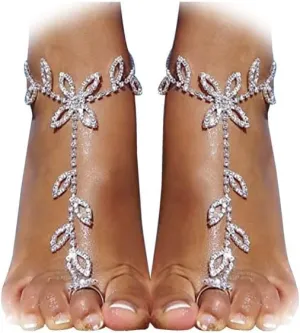 1Pair Summer Rhinestone Barefoot Sandals Foot Chain Jewelry Beach Bridal Wedding Crystal Toe Ring Foot Chain Anklet Bracelet Jewelry for Women (Silver-Leaf)