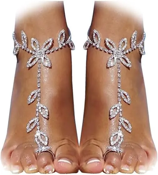 1Pair Summer Rhinestone Barefoot Sandals Foot Chain Jewelry Beach Bridal Wedding Crystal Toe Ring Foot Chain Anklet Bracelet Jewelry for Women (Silver-Leaf)