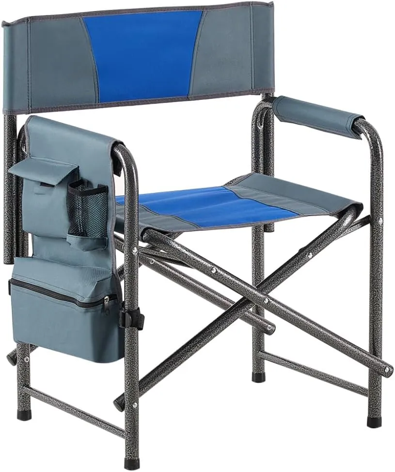 2-Piece Padded Folding Outdoor Chair with Storage Pockets,Lightweight Oversized Directors Chair for Indoor, Outdoor Camping, Picnics and Fishing,Blue/Grey
