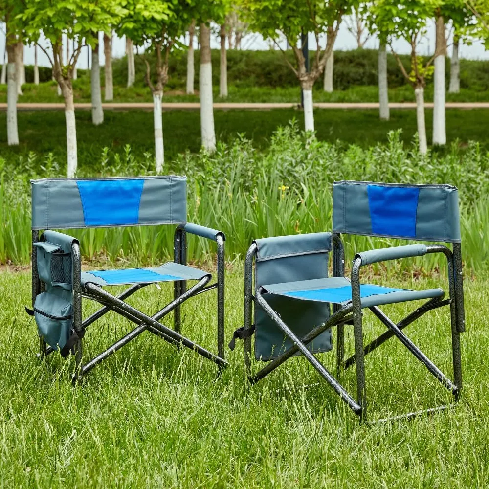 2-Piece Padded Folding Outdoor Chair with Storage Pockets,Lightweight Oversized Directors Chair for Indoor, Outdoor Camping, Picnics and Fishing,Blue/Grey