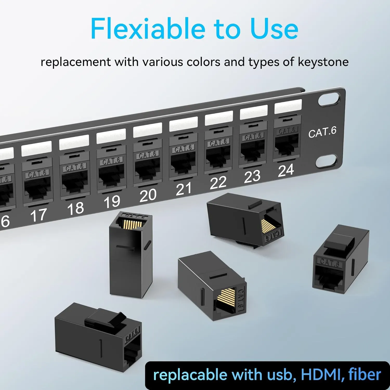 24 Port Cat6 Patch Panel With Coupler Keystone - 10G No Punch Down, Time-Saver Ethernet 1U Rj45 With Sturdy Back Bar, Rackmount 19 Inch
