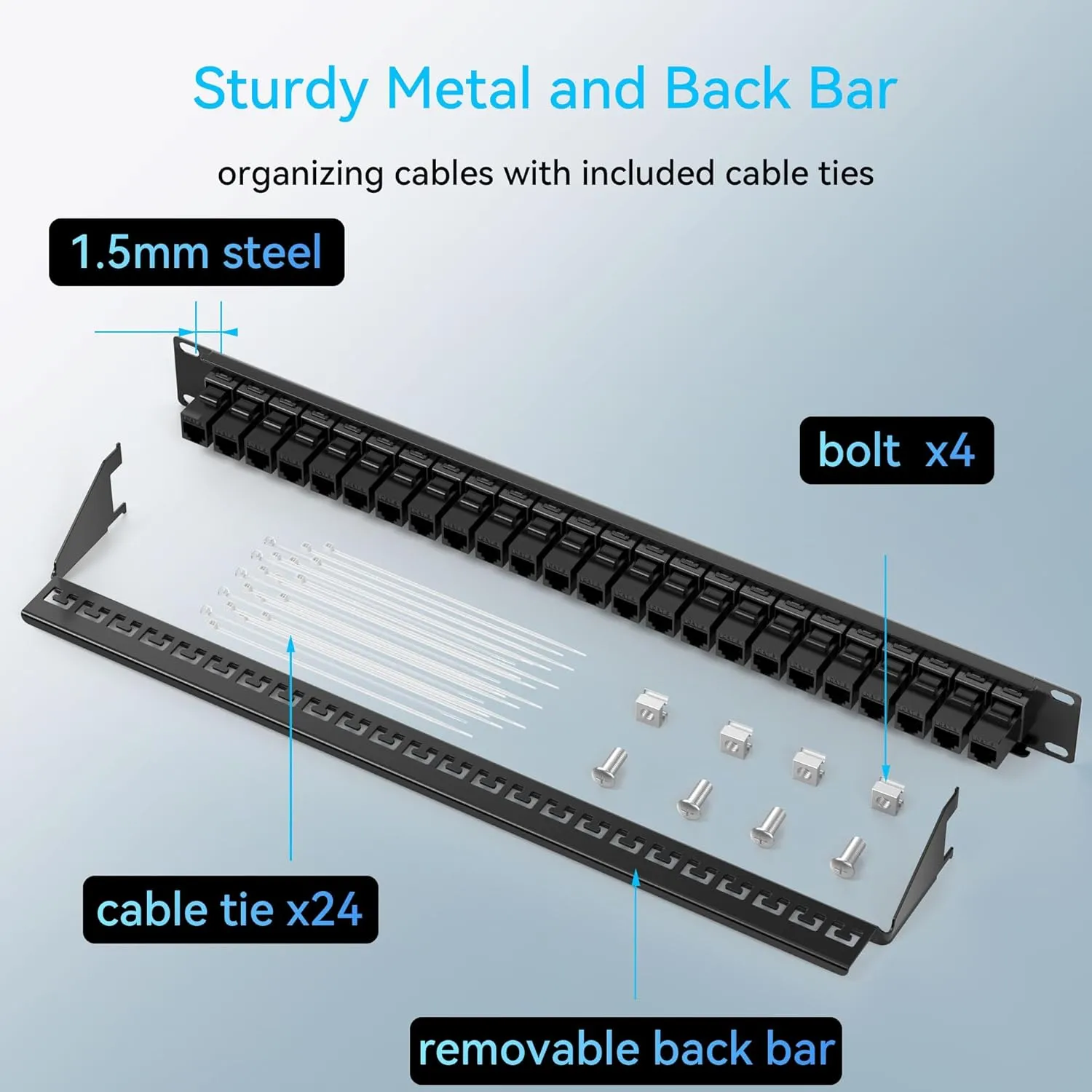 24 Port Cat6 Patch Panel With Coupler Keystone - 10G No Punch Down, Time-Saver Ethernet 1U Rj45 With Sturdy Back Bar, Rackmount 19 Inch