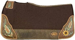28" x 30" Barrel Style Brown Felt Saddle Pad w/Antiqued Feather & Sunflower Design