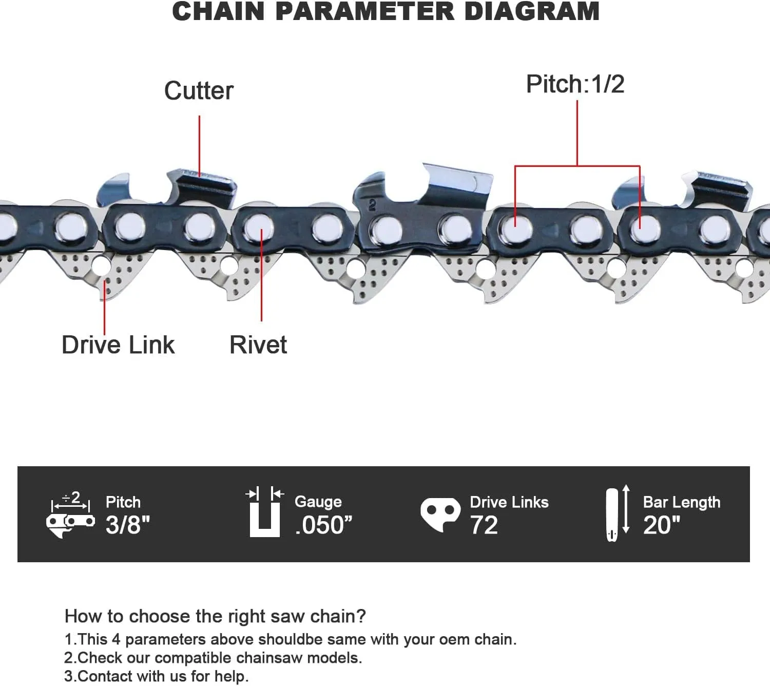3-Pack 20 Inch Chainsaw Chains Blade 72 Drive Links .050" Gauge 3/8" Pitch Full Chisel fits Stihl MS 029 036 039 391 310 311, Husqvarma 455 Rancher 460 55 257 261 359 362XP 272xp, 555455, H80