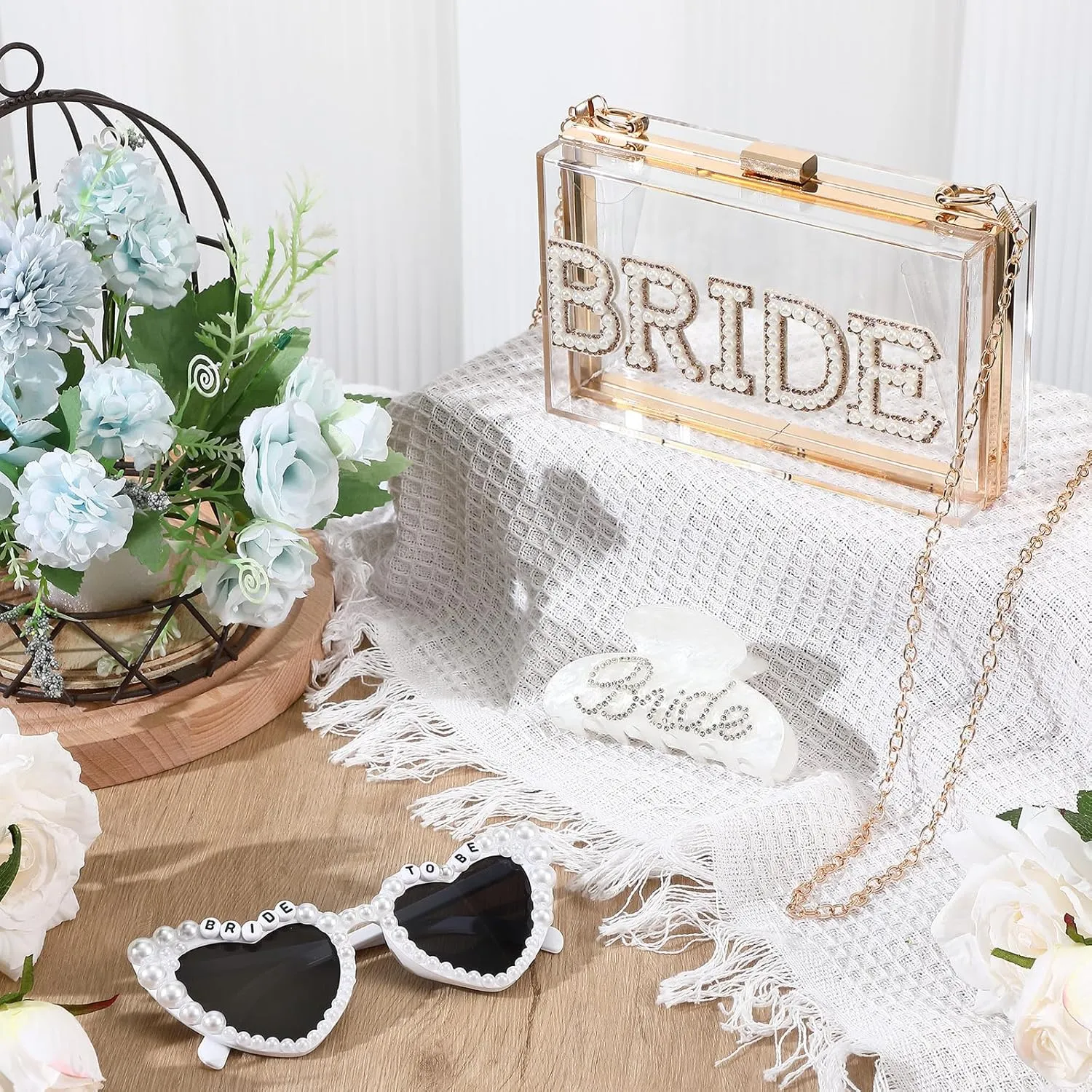 3 Pcs Bride Gifts Set Bride Bag Women Clear Clutch Sunglasses Hair Clip Pearl Letter Stickers for Bachelorette Party