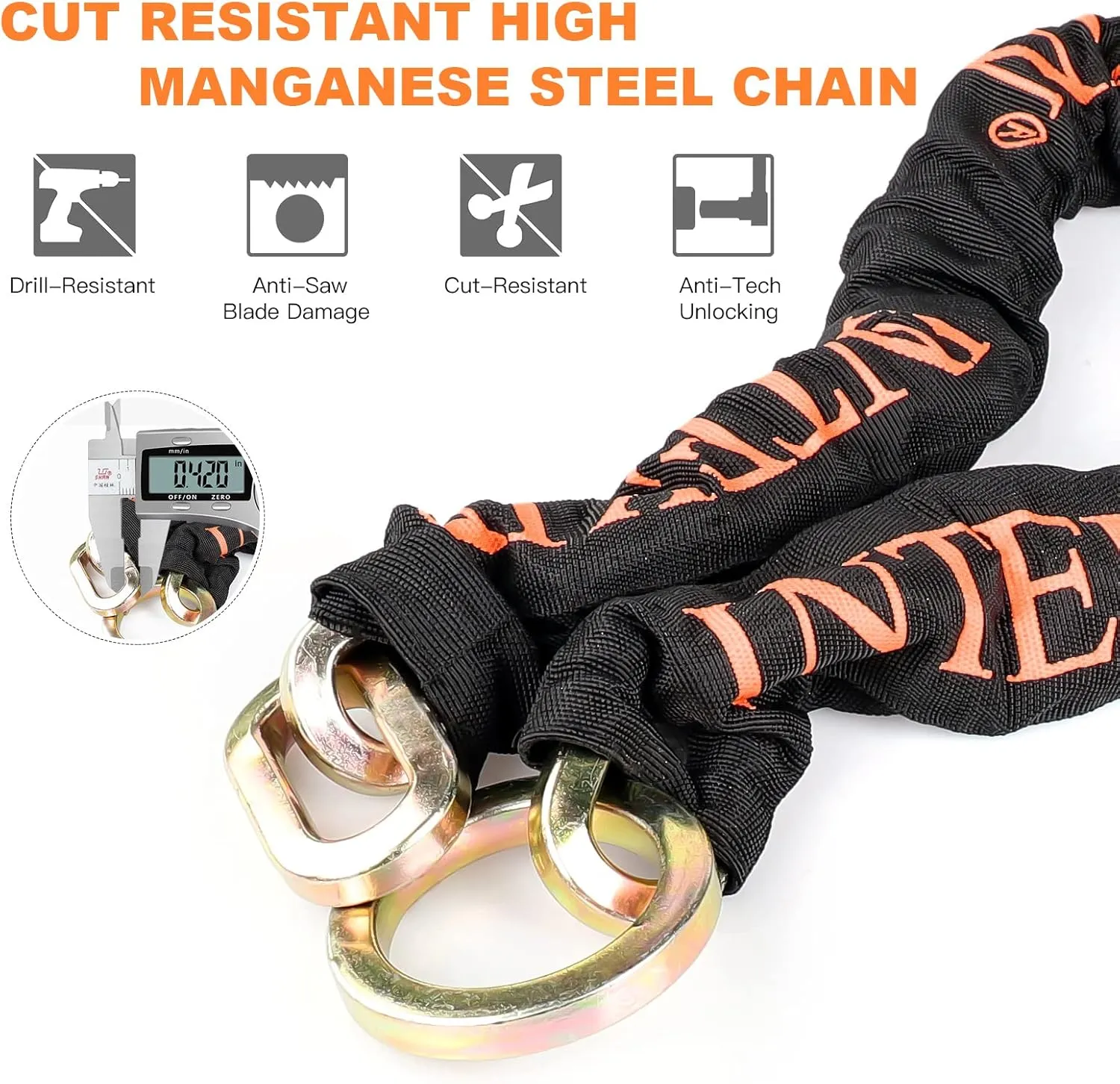 3.6FT Heavy Duty Chain Lock - 10mm/0.42inch Thick Bike Chain with 16mm/0.64inch Disc Lock for Motorcycles, Scooters, Gates and More, Orange