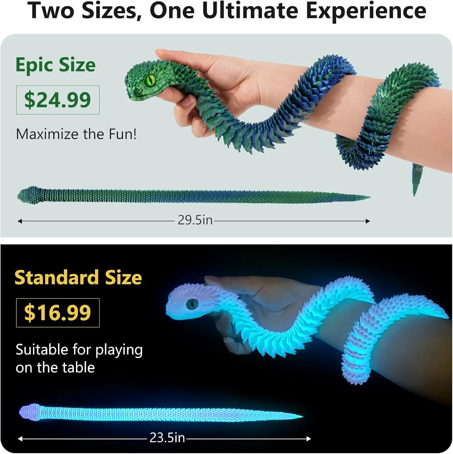 3D Printed Articulated Snake – 29.5'' Crystal-Like Movable Snake– Realistic Slithering Design, Collectible Articulated Model (Blue Green)