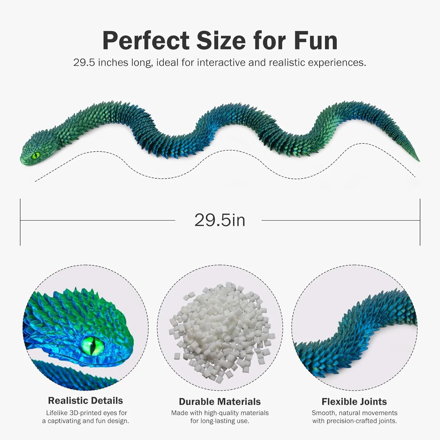 3D Printed Articulated Snake – 29.5'' Crystal-Like Movable Snake– Realistic Slithering Design, Collectible Articulated Model (Blue Green)