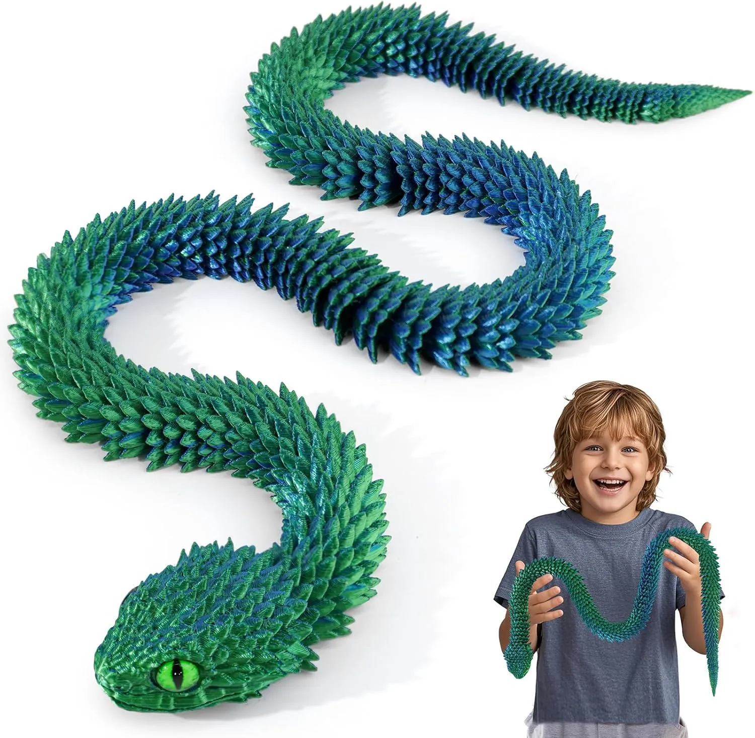 3D Printed Articulated Snake – 29.5'' Crystal-Like Movable Snake– Realistic Slithering Design, Collectible Articulated Model (Blue Green)