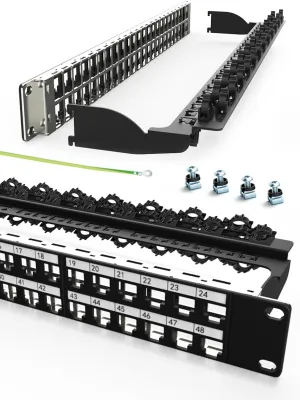 48Port Blank Keystone Rackmount & Wall Mount 1U 19-inch Network Patch Panel with Cable Management (No Cable Tie Required), RJ45 Keystone Gigabit Network