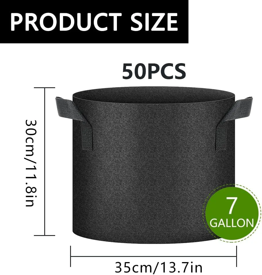 50 Pack Grow Bags, Black Heavy Duty Fabric Pots Nonwoven Potato Grow Bags with Sturdy Handles & Reinforced Stitching, Breathable Vegetable Flower Plant Growing Containers Bags (7 Gallon)