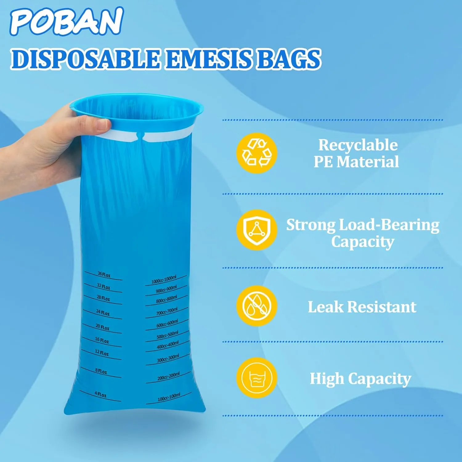 50Pack Emesis Bags, 1000ml Leak-Proof Portable Barf Bags Disposable for Nausea, Motion Sickness in Cars, Travel, Planes, Taxis, 3rd Gen Upgrade (50Pack)
