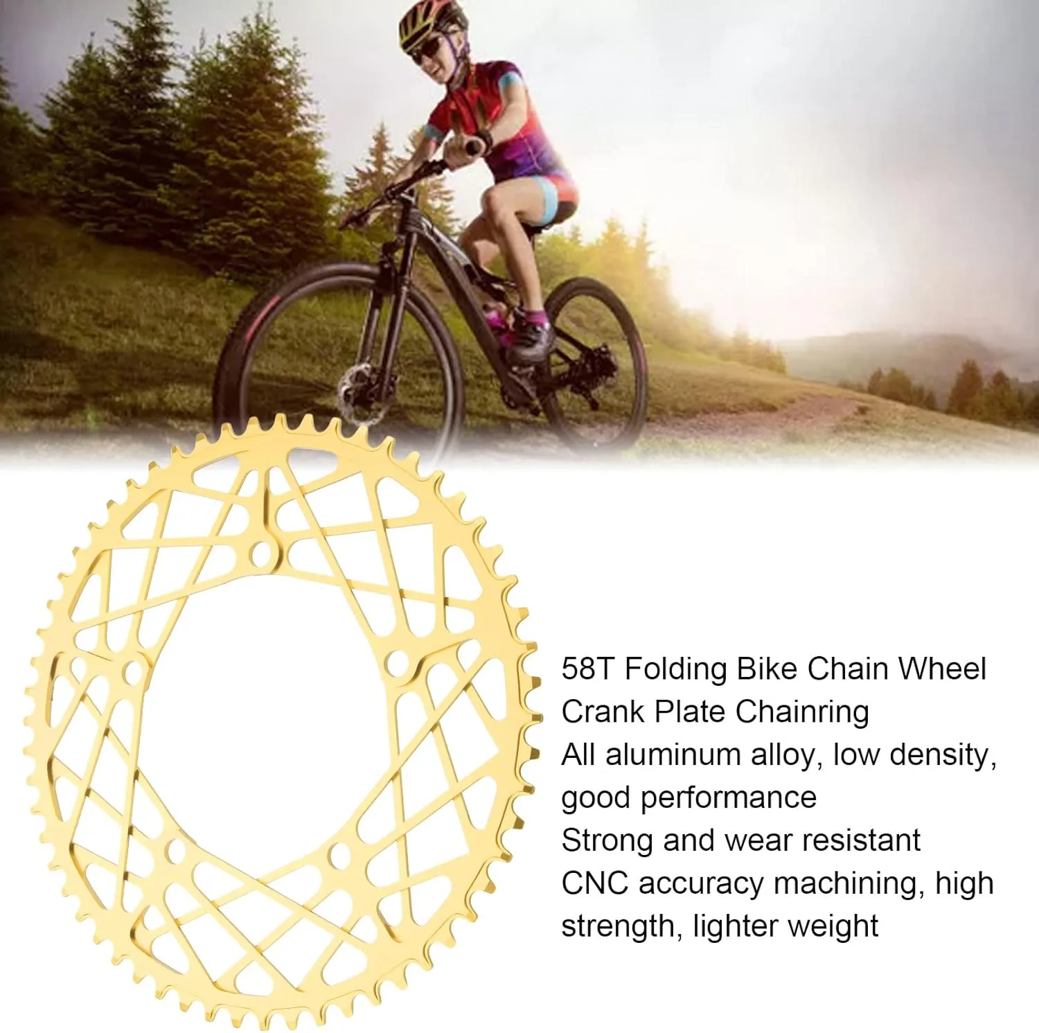 58T Folding Chain Wheel Crank Plate Hollow Anodized Aluminium Alloy, Lightweight, for Cycling Lovers, with CNC Accurate Processing, Bright Colors, One Piece