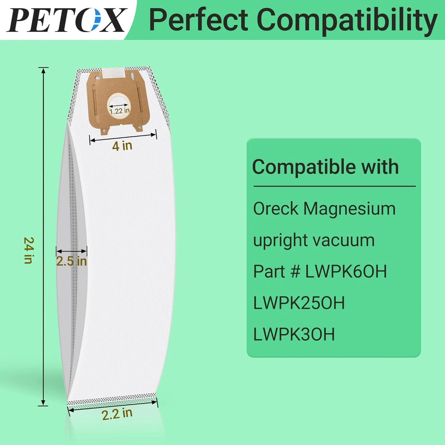 6 Pack Type LW Odor Fighting HEPA Vacuum Cleaner Bags Compatible with Oreck Magnesium Upright Vacuum, Part # LWPK6OH LWPK25OH LWPK3OH by PETOX, White