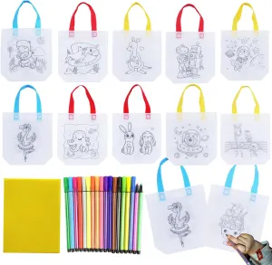 65 Pack Graffiti Goodie Bags for Kids Birthday Party Favors Art Class, Color Your Own Tote Bag,Eco Reusable Coloring Carnival Animal Art Party Goodie Bags(40 Bags  24 Color pens   pad)