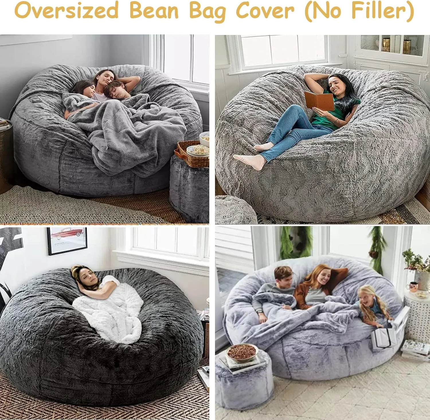 7ft Giant Bean Bag Cover, Big Bean Bag Chairs for Adults (No Filler, Cover only) Comfy Large Bed Fluffy Lazy Sofa (Light Grey)
